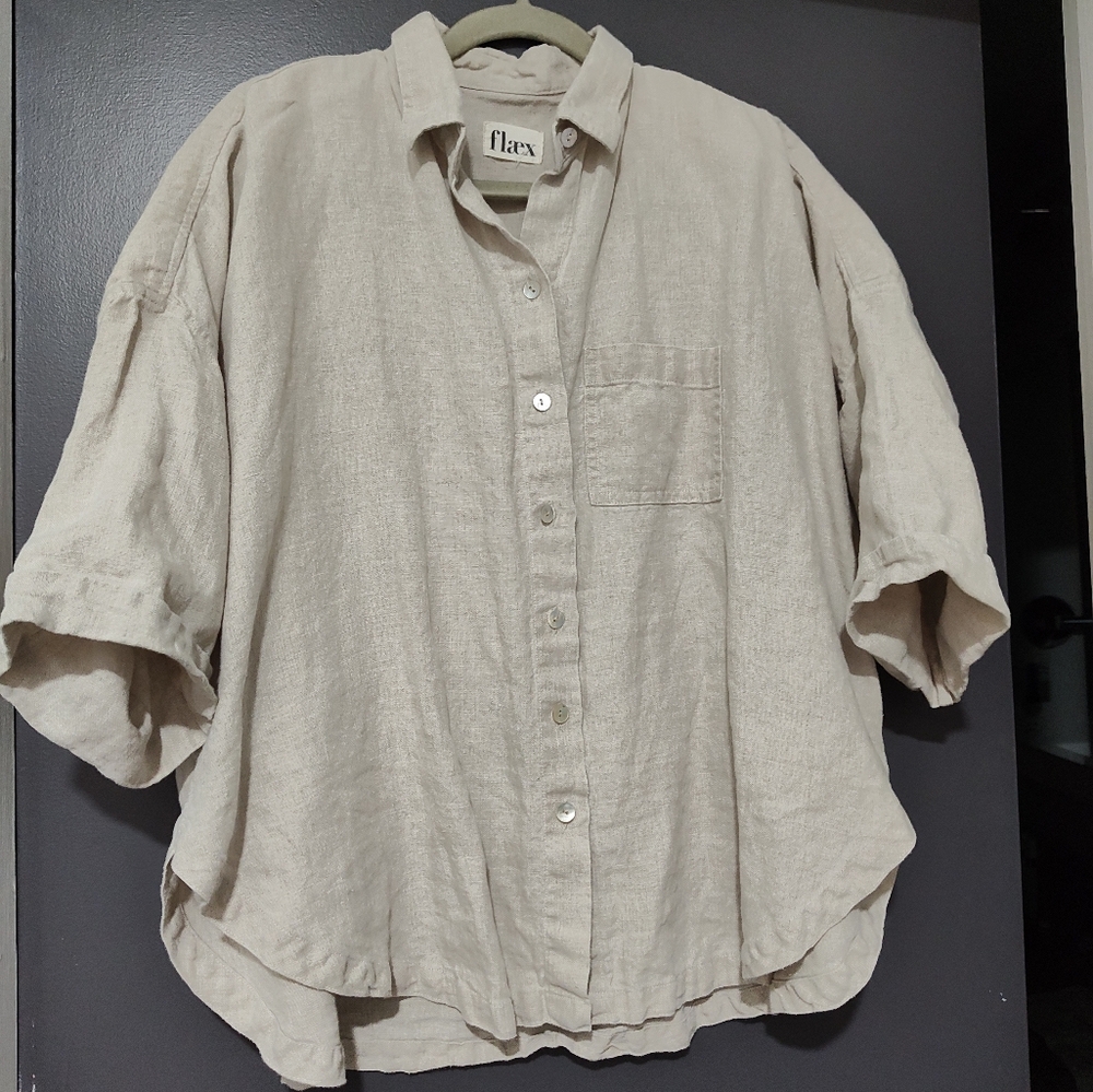 Flaex  linen shirt, L/XL, flax color, excellent condition. Australian designer.
